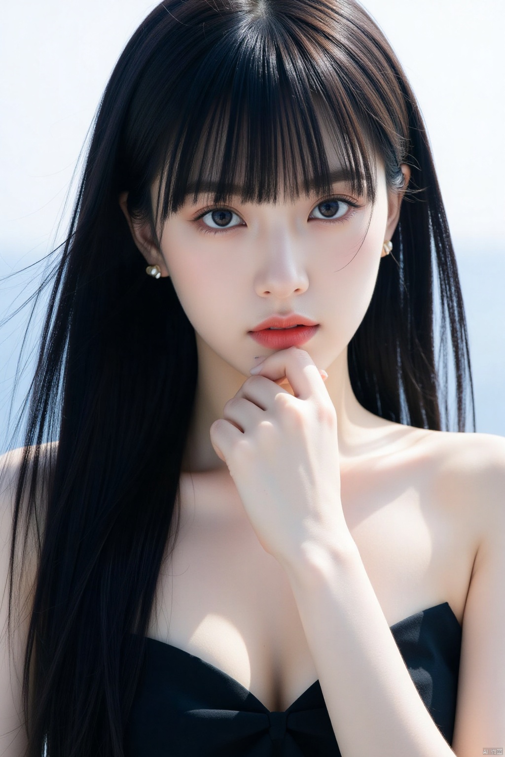1girl, solo, long hair, breasts, looking at viewer, bangs, blue eyes, black hair, dress, cleavage, bare shoulders, jewelry, medium breasts, closed mouth, upper body, earrings, day, blunt bangs, mole, black dress, lips, mole under eye, strapless, makeup, lipstick, strapless dress, realistic, red lips