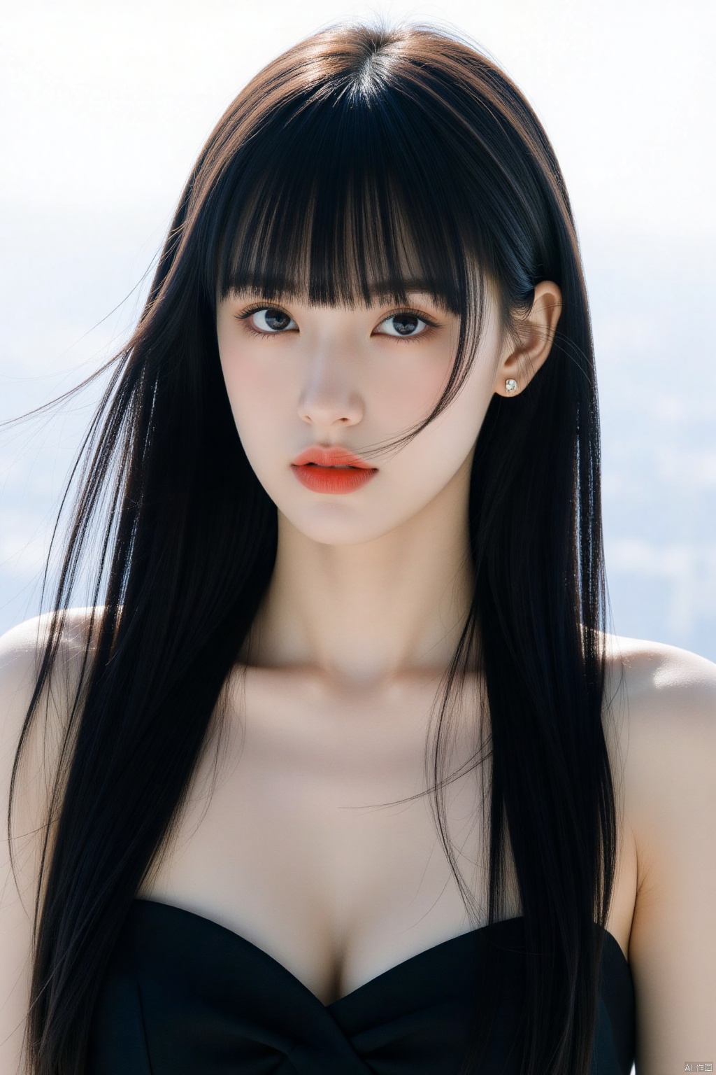 1girl, solo, long hair, breasts, looking at viewer, bangs, blue eyes, black hair, dress, cleavage, bare shoulders, jewelry, medium breasts, closed mouth, upper body, earrings, day, blunt bangs, mole, black dress, lips, mole under eye, strapless, makeup, lipstick, strapless dress, realistic, red lips