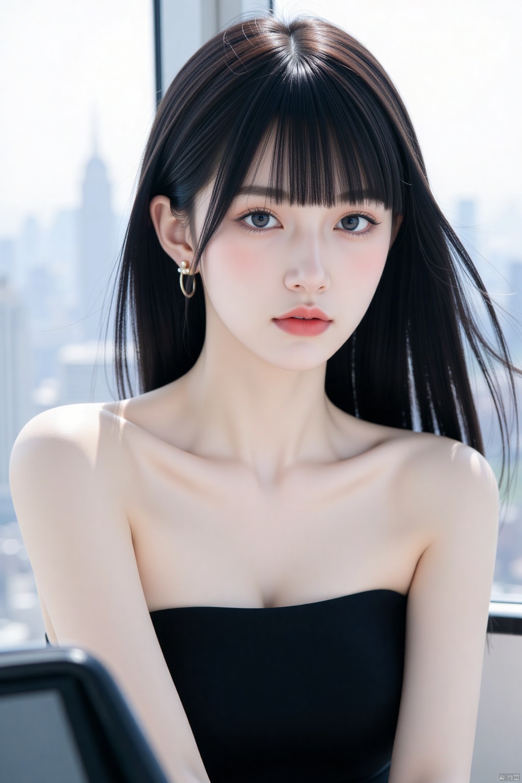 1girl, solo, long hair, breasts, looking at viewer, bangs, blue eyes, black hair, dress, cleavage, bare shoulders, jewelry, medium breasts, closed mouth, upper body, earrings, day, blunt bangs, mole, black dress, lips, mole under eye, strapless, makeup, lipstick, strapless dress, realistic, red lips