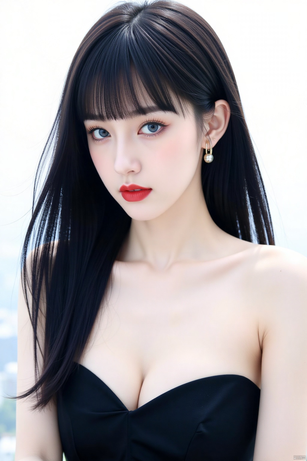 1girl, solo, long hair, breasts, looking at viewer, bangs, blue eyes, black hair, dress, cleavage, bare shoulders, jewelry, medium breasts, closed mouth, upper body, earrings, day, blunt bangs, mole, black dress, lips, mole under eye, strapless, makeup, lipstick, strapless dress, realistic, red lips