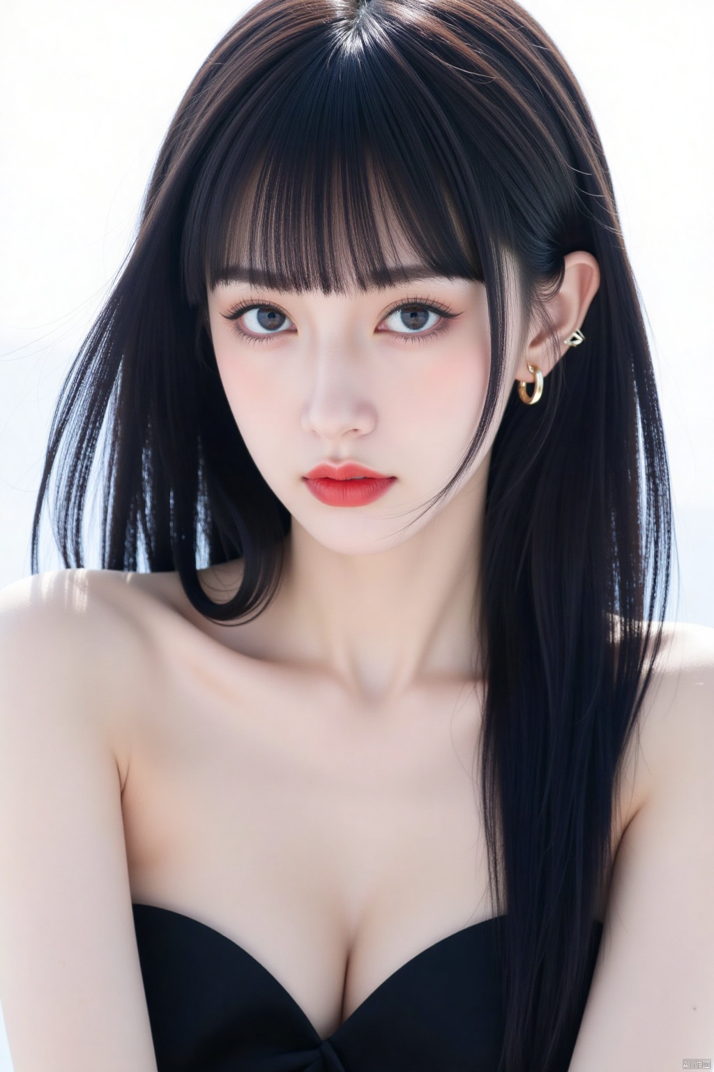 1girl, solo, long hair, breasts, looking at viewer, bangs, blue eyes, black hair, dress, cleavage, bare shoulders, jewelry, medium breasts, closed mouth, upper body, earrings, day, blunt bangs, mole, black dress, lips, mole under eye, strapless, makeup, lipstick, strapless dress, realistic, red lips