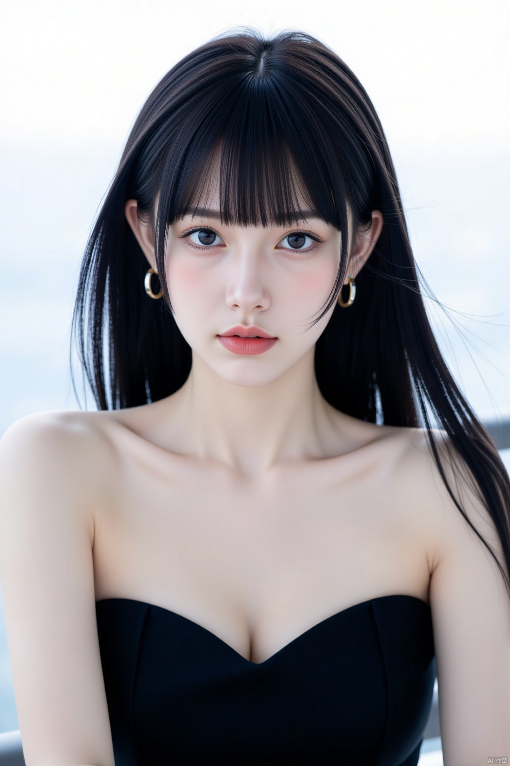 1girl, solo, long hair, breasts, looking at viewer, bangs, blue eyes, black hair, dress, cleavage, bare shoulders, jewelry, medium breasts, closed mouth, upper body, earrings, day, blunt bangs, mole, black dress, lips, mole under eye, strapless, makeup, lipstick, strapless dress, realistic, red lips
