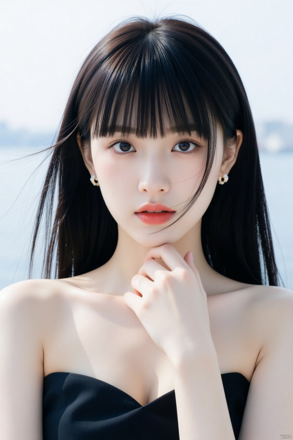 1girl, solo, long hair, breasts, looking at viewer, bangs, blue eyes, black hair, dress, cleavage, bare shoulders, jewelry, medium breasts, closed mouth, upper body, earrings, day, blunt bangs, mole, black dress, lips, mole under eye, strapless, makeup, lipstick, strapless dress, realistic, red lips