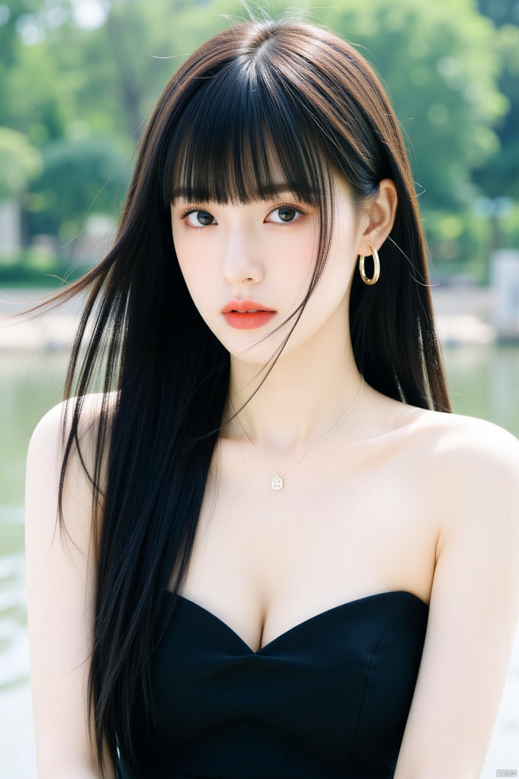 1girl, solo, long hair, breasts, looking at viewer, bangs, blue eyes, black hair, dress, cleavage, bare shoulders, jewelry, medium breasts, closed mouth, upper body, earrings, day, blunt bangs, mole, black dress, lips, mole under eye, strapless, makeup, lipstick, strapless dress, realistic, red lips