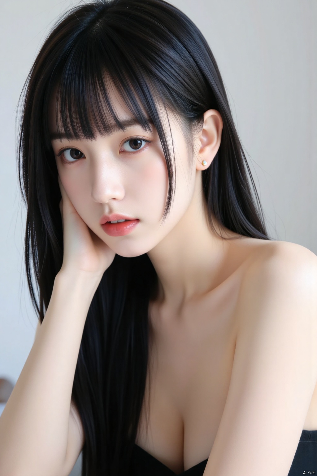 1girl, solo, long hair, breasts, looking at viewer, bangs, blue eyes, black hair, dress, cleavage, bare shoulders, jewelry, medium breasts, closed mouth, upper body, earrings, day, blunt bangs, mole, black dress, lips, mole under eye, strapless, makeup, lipstick, strapless dress, realistic, red lips