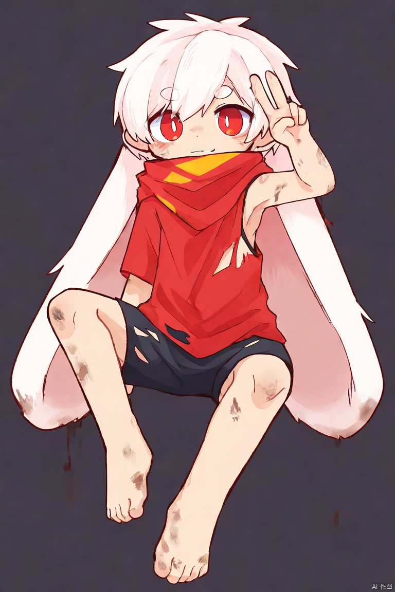 Glitch,[[deformed]],
solo,male_focus,
vup-bai,(white_hair,red_eyes),(floppy_ears,lop_rabbit_ears),[red_scarf],
(red_shirt,single_sleeve),(black_shorts,barefoot),dirty,torn_clothes,
BREAK,
from_side,sitting,v,armpits,
(masterpiece, best_quality,highres,absurdres),