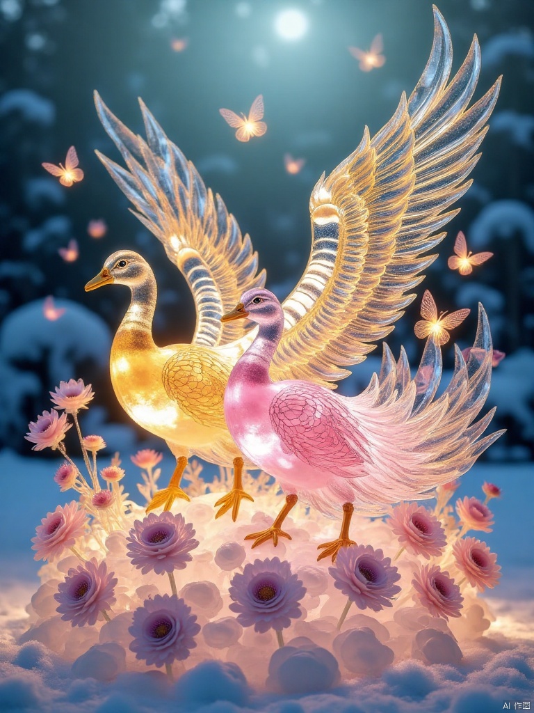 In a colorful and dreamlike ancient fairyland, there are two winged birds accompanying each other. They have a body shape like ducks, and their feathers are as dazzling as the clouds in the sky, shining with brilliant golden light and soft pink. Each feather seems to be a carefully crafted work of art, delicate and glossy. The two birds only have one wing and one eye each, with their left and right wings closely connected. They look at each other affectionately with one eye, and their eyes are filled with endless affection and loyalty. They fly lightly in the swirling fairy mist, and wherever they pass, the flowers bloom even more brilliantly, and the fairy grass sways gracefully. The gentle breeze brushed by, and the feathers of the winged bird trembled slightly, emitting a clear and pleasant, heavenly like chirping sound, as if telling the eternal love vow. Surrounded by graceful butterflies, they form a stunning love painting with the winged bird. The overall style of the painting is ethereal, beautiful, and full of fantasy colors, showcasing the symbolic meaning and unique charm of love represented by the winged bird in the Classic of Mountains and Seas,Lying Like a Bow - Ice Sculpture