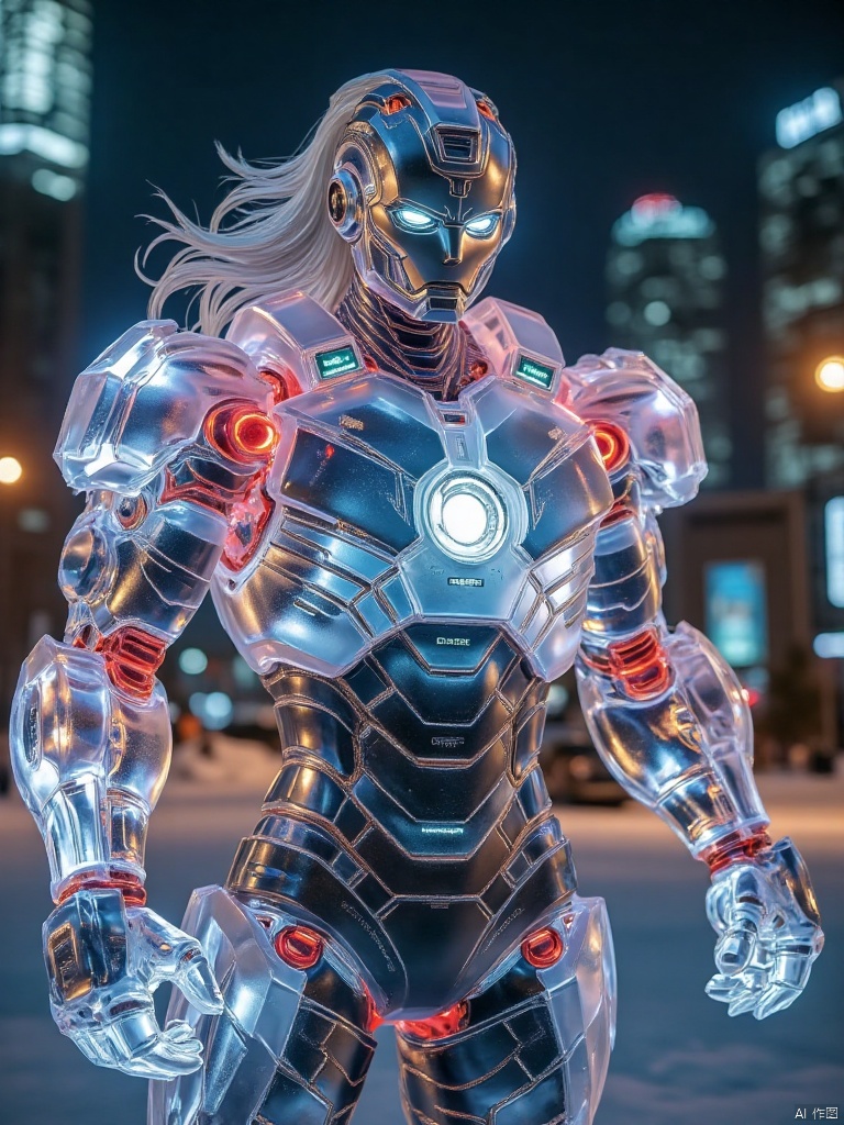 In the night of the cyberpunk city with flashing neon lights and tall buildings, a heroic mecha girl stands proudly. The shell of her mecha shows metallic cold light blue and hot plasma red intertwined patterns. The lines are tough and smooth. The mechanical joints on the shoulders and legs flash with green energy indicators, like mysterious eyes of technology. . The head is a streamlined transparent mask, and behind the mask is a pair of firm and bright lavender eyes, which reveal fearlessness and determination. The girl's hair flows outside the mecha like silver ion currents, dancing lightly in the wind. She was wearing a tight-fitting black battle suit that fit closely with the mecha, highlighting her strong figure. A tactical belt with a smart display was tied around his waist, with various data runes flashing on it. A pair of huge energy light wings unfolded behind it. The wings were composed of high-strength transparent crystal clusters and energy lines. The light seemed to cut through the night sky when shining. He holds a plasma pulse gun emitting blue light tightly in his hand, and the muzzle is still lingering with the energy arc that has not dissipated. There are several small reconnaissance drones emitting light of different colors floating next to him. They are like loyal partners, always Get ready to join the girl in the passionate battles and unknown adventures of this cyberpunk world. The whole picture is full of a sense of technology, a sense of the future and a strong visual impact.
,Lying Like a Bow-Ice Sculpture