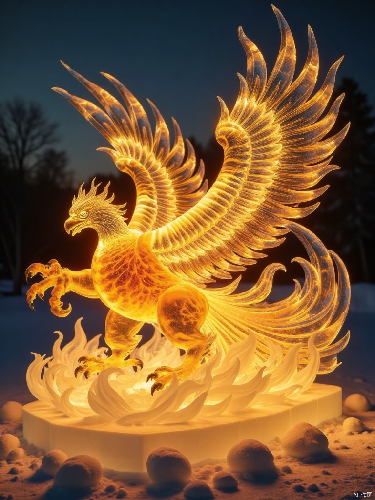 It is shaped like a huge yellow pocket, emitting a hot and pure light all over its body, which is like a blazing primitive flame, so red that it is heart stopping. Its body is huge yet incredibly agile, with six thick and powerful claws stretching freely, as if it can break through the boundaries of time and space. Each claw has a quaint and mysterious pattern, as if telling the secret of the beginning of the world. The four huge wings flapped vigorously, creating chaotic air currents. The feathers on the wings were faintly visible, as if condensed from the most primitive energy, shimmering with strange light. It does not have a clear and recognizable face, but gives people an intangible sense of majesty and shock, as if it contains the purest source of power in the universe. In the endless chaos, it is either stationary or slowly dancing, as if interpreting the unrestrained and mysterious primitive rhythm before the birth of heaven and earth. The overall picture is full of ancient, mysterious and supernatural fantasy colors,Lying Like a Bow - Ice Sculpture