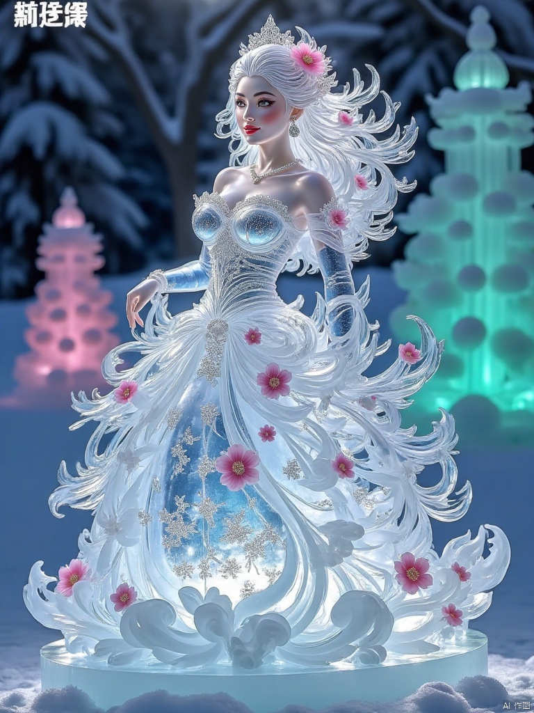 In a world of crystal clear ice and snow, a beautiful ice sculpture stands gracefully. Her figure is graceful, like an ice and snow fairy descending to earth. The skin is like pure and flawless ice cubes, exuding a cold luster, and every inch seems to be condensed from the clearest glacier water. The facial contours are exquisite and beautiful, and the eyes are like a deep ice lake, a deep blue, and the long eyelashes are hung with dots of ice crystals, like frost flowers. The red lips bloomed like delicate red plums in the ice and snow, rising slightly with a faint smile. The hair falls down like a waterfall of silver ice silk, and the strands sparkle with diamond-like brilliance, as if they are woven from countless fine ice crystals. She is wearing a gorgeous long dress made of ice. The skirt is carved with exquisite snowflake patterns and complicated ice patterns. It flashes with colorful halos as the light changes, as if the fantasy and beauty of the entire ice and snow kingdom are condensed into one this. Surrounded by towering icicles and fluttering snowflakes, the cold mist is lingering, adding a bit of mystery and holiness. The overall picture is dreamlike, showing the peerless grace of the ice sculpture beauties and the unique charm of the ice and snow world,Lying Like a Bow - Ice Sculpture