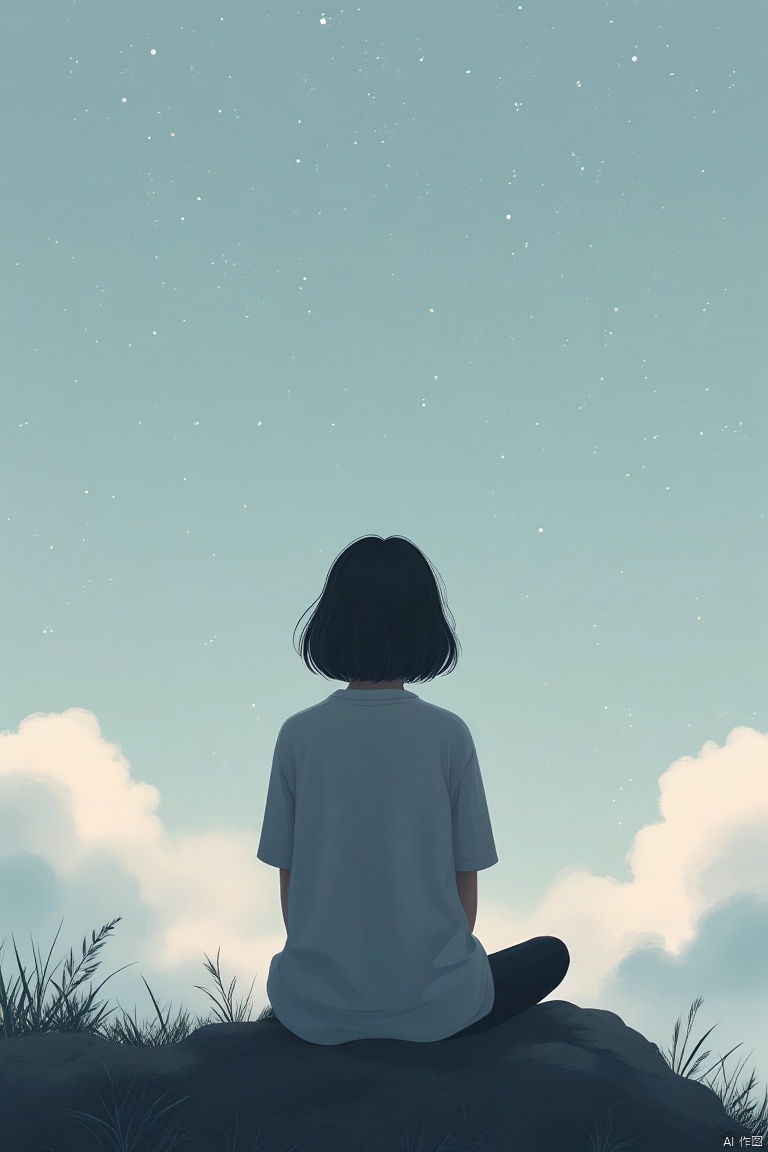 menglong,solo, short hair, black hair, sitting, outdoors, sky, cloud, from behind, grass, star \(sky\), scenery, starry sky, rock