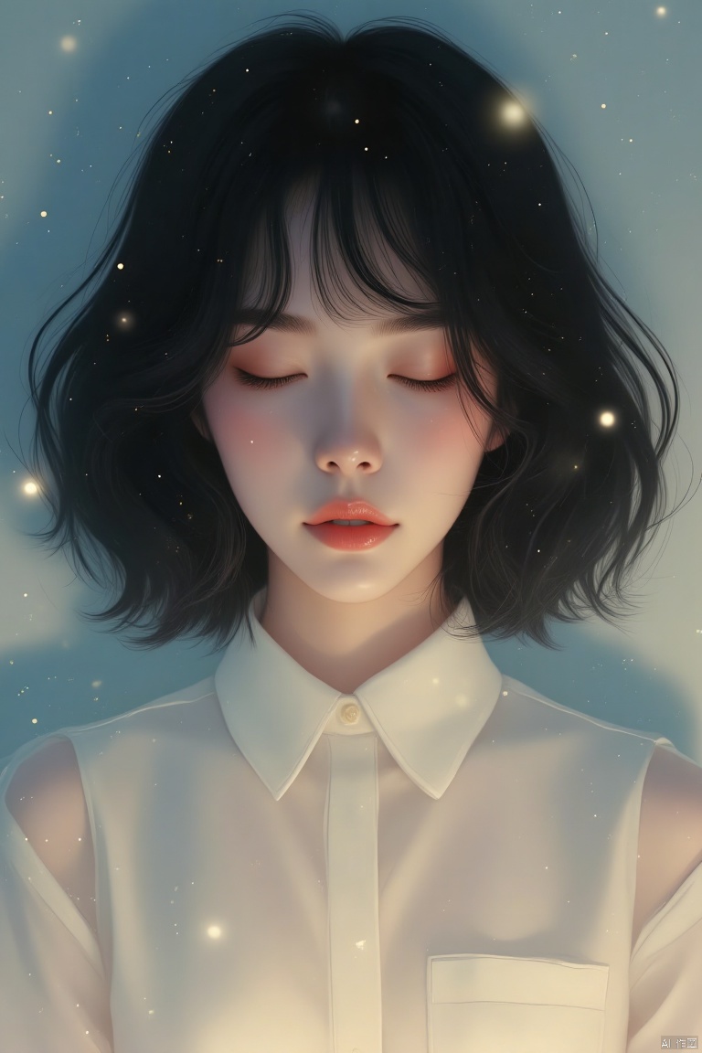menglong,1girl, solo, short hair, bangs, shirt, black hair, closed mouth, closed eyes, white shirt, upper body, lips, light particles, nose