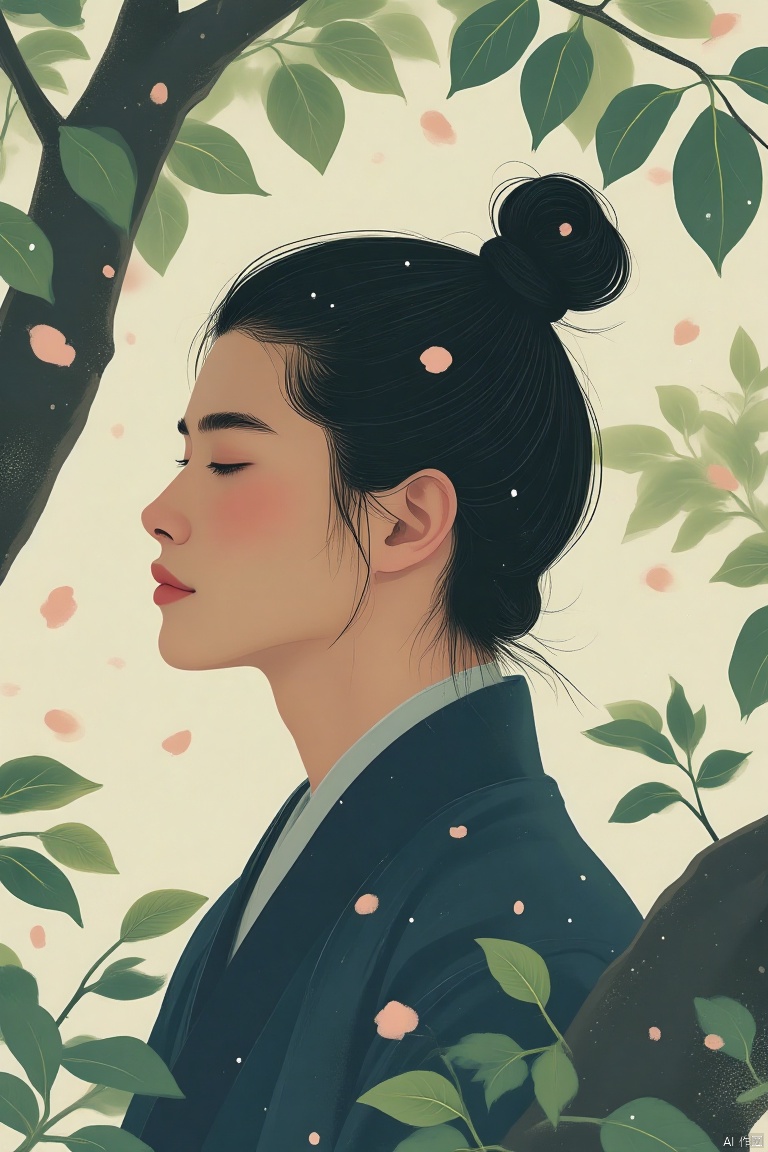 menglong,solo, black hair, 1boy, closed eyes, upper body, male focus, japanese clothes, hair bun, tree, petals, profile, colored skin, leaf, single hair bun, branch, haori,