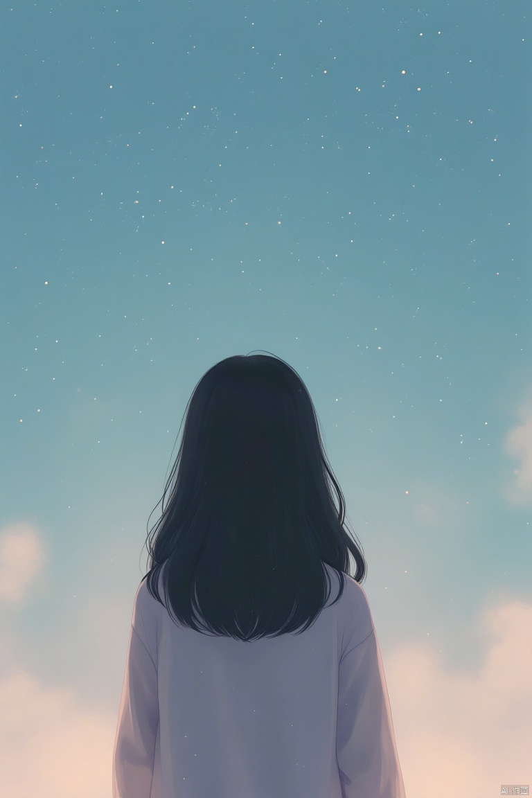 menglong,1girl, solo, black hair, standing, sky, from behind, star \(sky\)