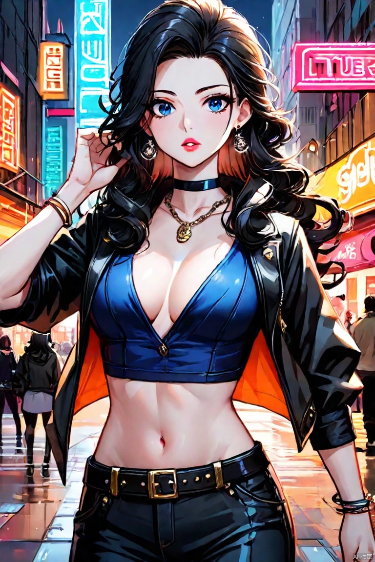 1girl, long hair, breasts, looking at viewer, blue eyes, shirt, black hair, navel, cleavage, jewelry, medium breasts, jacket, upper body, earrings, outdoors, parted lips, open clothes, solo focus, choker, midriff, belt, pants, hand up, necklace, bracelet, english text, crop top, makeup, night, ground vehicle, curly hair, black belt, neon lights