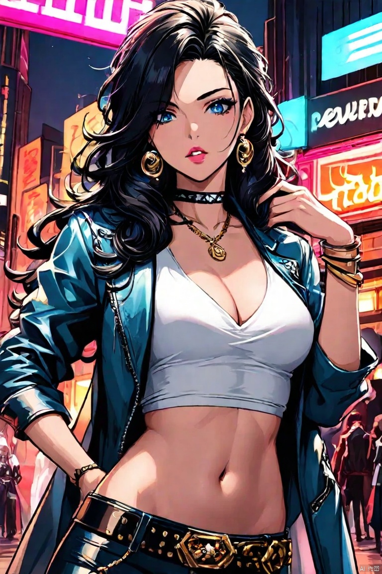 1girl, long hair, breasts, looking at viewer, blue eyes, shirt, black hair, navel, cleavage, jewelry, medium breasts, jacket, upper body, earrings, outdoors, parted lips, open clothes, solo focus, choker, midriff, belt, pants, hand up, necklace, bracelet, english text, crop top, makeup, night, ground vehicle, curly hair, black belt, neon lights