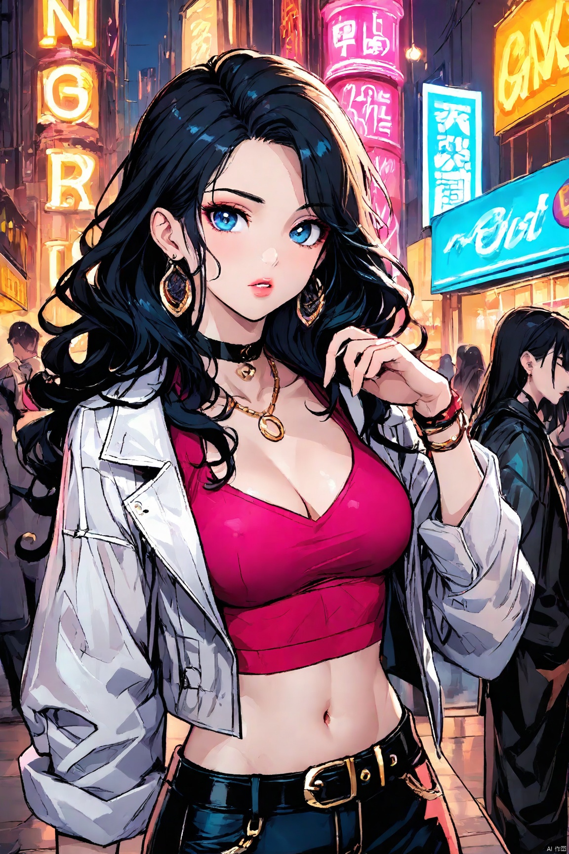 1girl, long hair, breasts, looking at viewer, blue eyes, shirt, black hair, navel, cleavage, jewelry, medium breasts, jacket, upper body, earrings, outdoors, parted lips, open clothes, solo focus, choker, midriff, belt, pants, hand up, necklace, bracelet, english text, crop top, makeup, night, ground vehicle, curly hair, black belt, neon lights