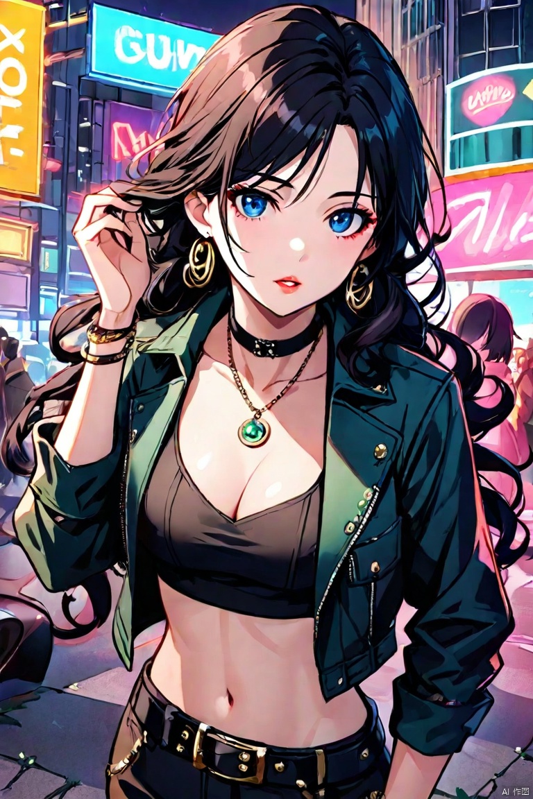 1girl, long hair, breasts, looking at viewer, blue eyes, shirt, black hair, navel, cleavage, jewelry, medium breasts, jacket, upper body, earrings, outdoors, parted lips, open clothes, solo focus, choker, midriff, belt, pants, hand up, necklace, bracelet, english text, crop top, makeup, night, ground vehicle, curly hair, black belt, neon lights