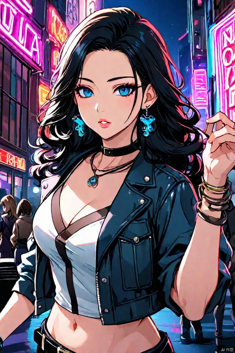 1girl, long hair, breasts, looking at viewer, blue eyes, shirt, black hair, navel, cleavage, jewelry, medium breasts, jacket, upper body, earrings, outdoors, parted lips, open clothes, solo focus, choker, midriff, belt, pants, hand up, necklace, bracelet, english text, crop top, makeup, night, ground vehicle, curly hair, black belt, neon lights