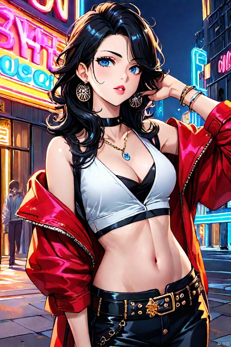 1girl, long hair, breasts, looking at viewer, blue eyes, shirt, black hair, navel, cleavage, jewelry, medium breasts, jacket, upper body, earrings, outdoors, parted lips, open clothes, solo focus, choker, midriff, belt, pants, hand up, necklace, bracelet, english text, crop top, makeup, night, ground vehicle, curly hair, black belt, neon lights