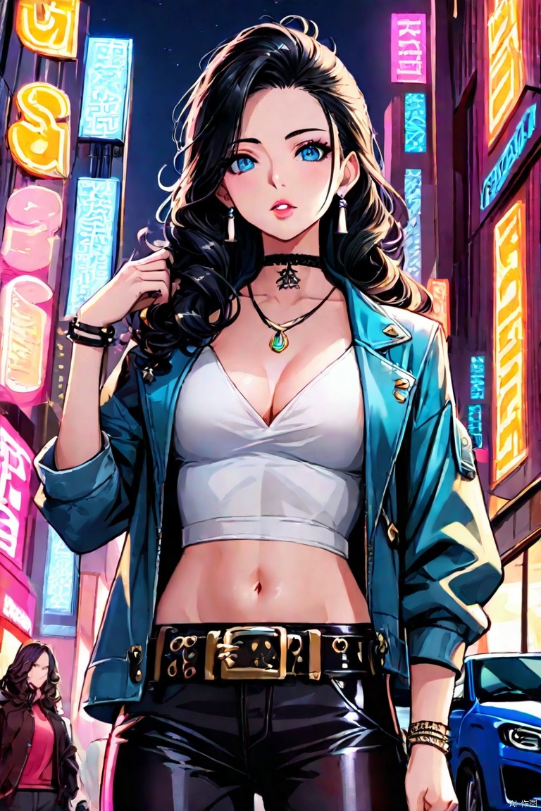 1girl, long hair, breasts, looking at viewer, blue eyes, shirt, black hair, navel, cleavage, jewelry, medium breasts, jacket, upper body, earrings, outdoors, parted lips, open clothes, solo focus, choker, midriff, belt, pants, hand up, necklace, bracelet, english text, crop top, makeup, night, ground vehicle, curly hair, black belt, neon lights
