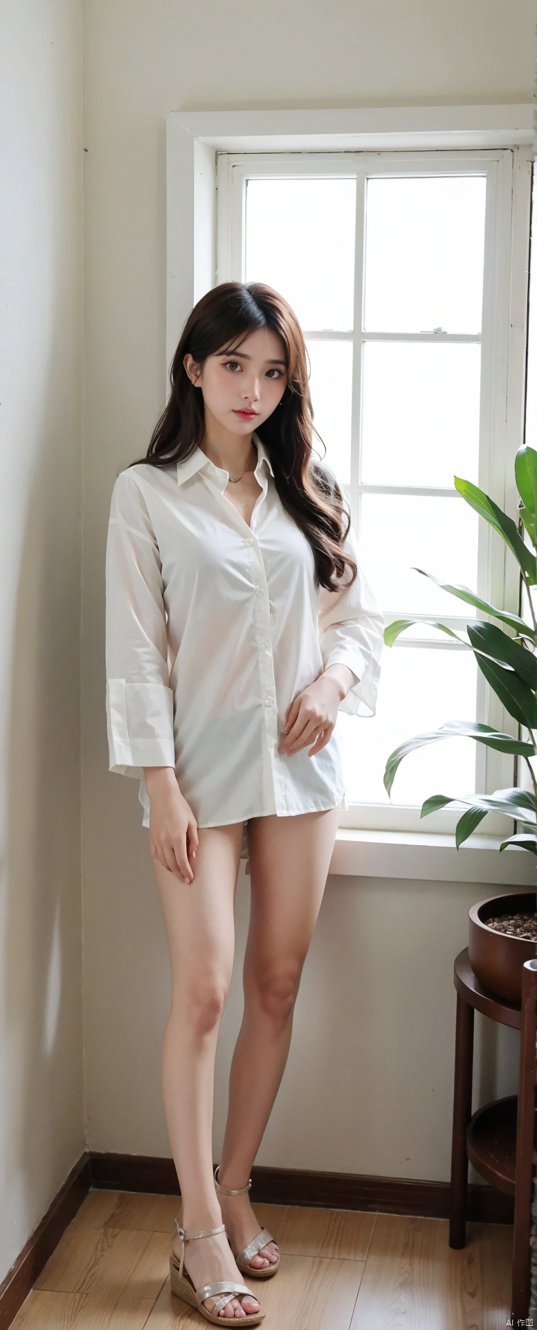 1girl, solo, long hair, looking at viewer, shirt, black hair, standing, full body, white shirt, collared shirt, indoors, lips, dress shirt, sandals, bottle, plant, no pants, sleeves rolled up, realistic, potted plant, shelf
