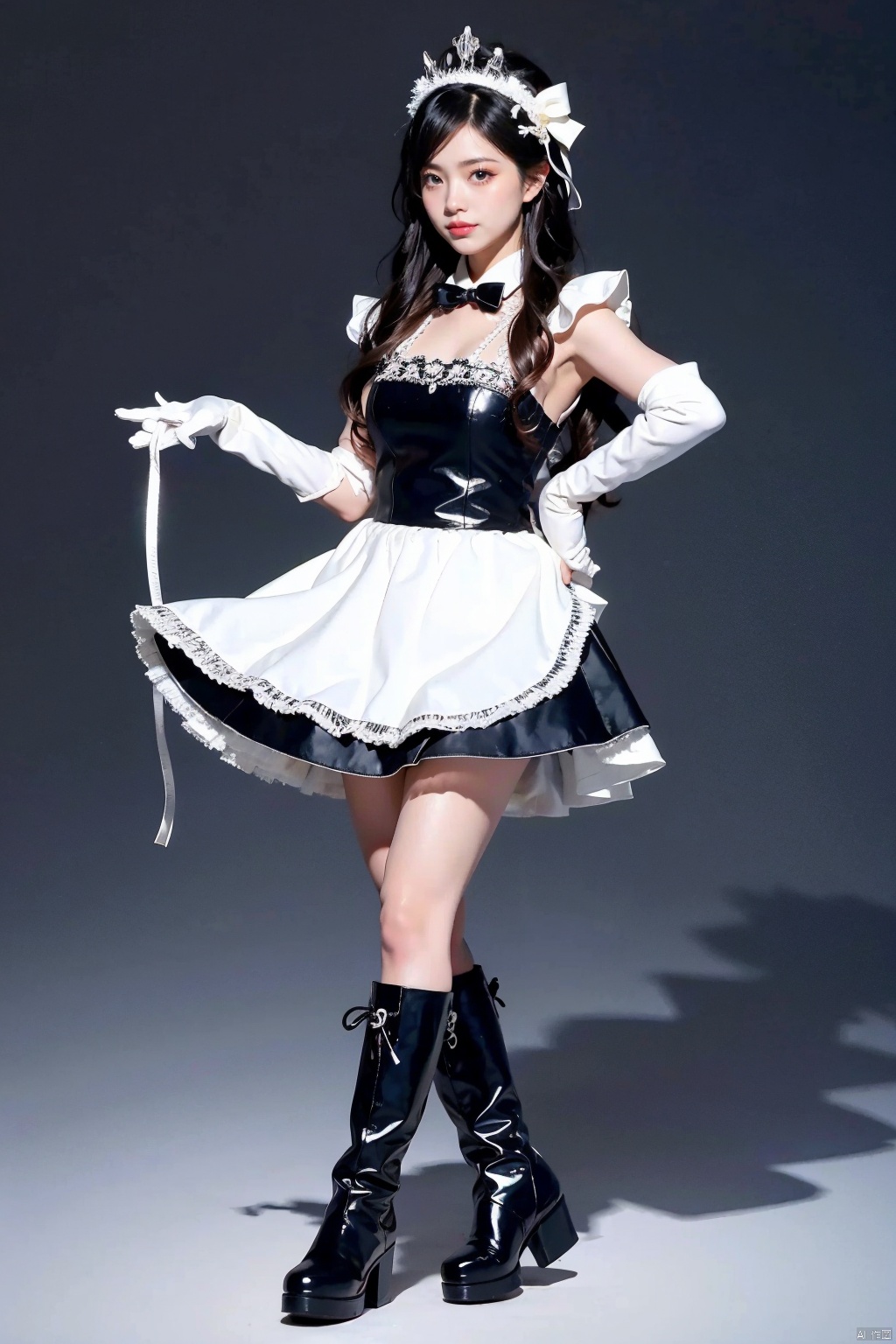 1girl, solo, long hair, black hair, gloves, dress, bow, standing, full body, hair bow, boots, socks, elbow gloves, silver footwear, apron, maid, maid headdress, single glove, realistic, 