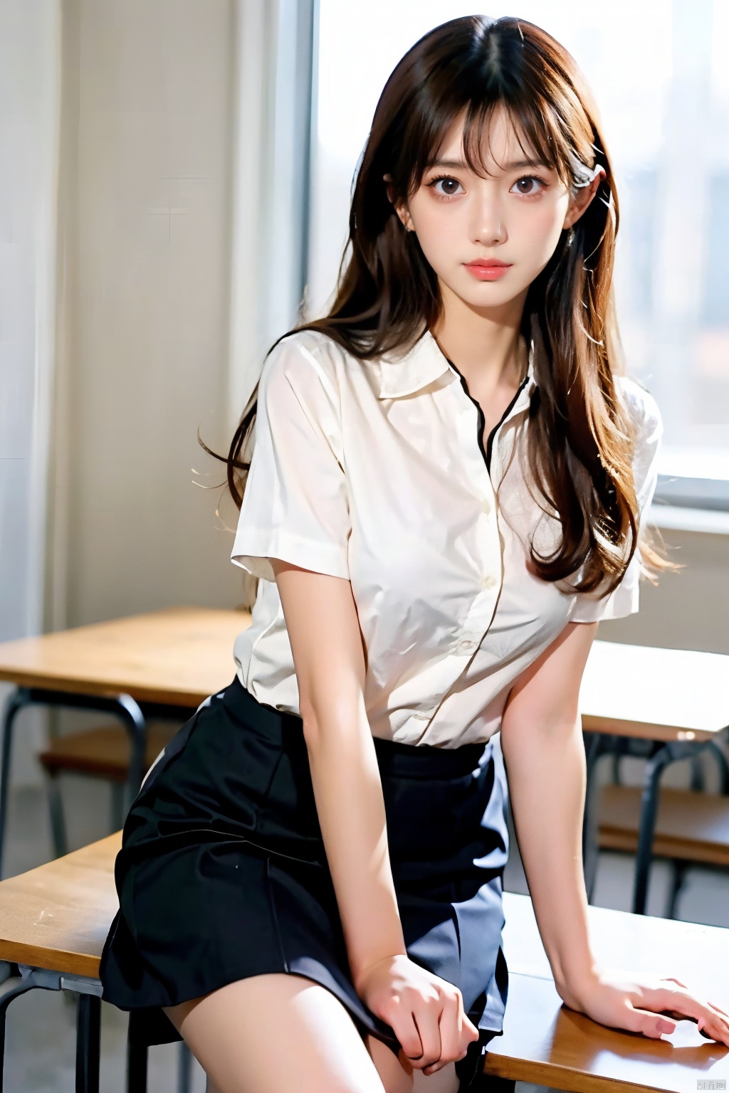 1girl, solo, long hair, breasts, looking at viewer, skirt, brown hair, shirt, black hair, brown eyes, sitting, white shirt, short sleeves, collared shirt, indoors, colour skirt, lips, window, arm support, desk, pencil skirt, realistic, classroom, tied shirt