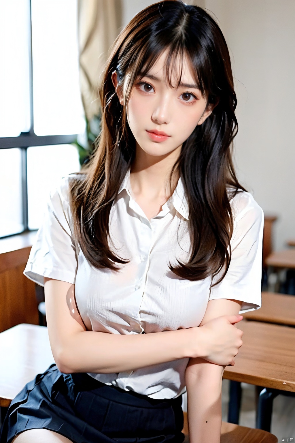 1girl, solo, long hair, breasts, looking at viewer, skirt, brown hair, shirt, black hair, brown eyes, sitting, white shirt, short sleeves, collared shirt, indoors, colour skirt, lips, window, arm support, desk, pencil skirt, realistic, classroom, tied shirt