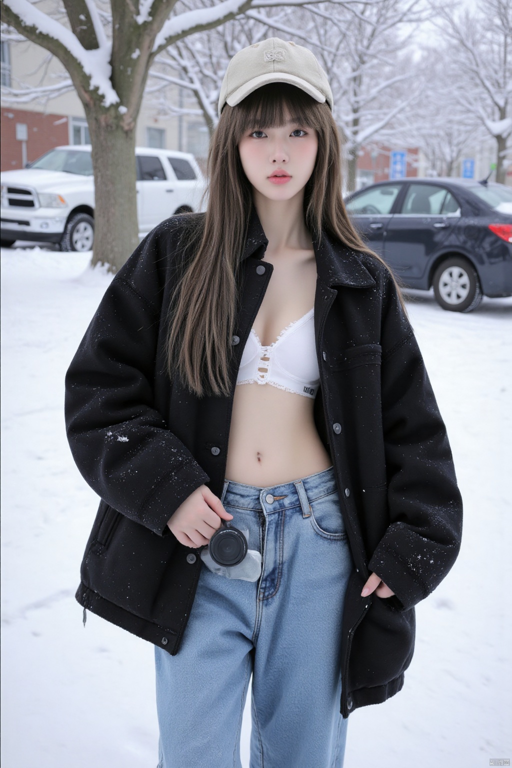 1 girl, alone, looking at the audience, cotton hat, underwear, jacket, denim lens, outdoors, open clothes, pants, bra, tree, lips, black jacket, ground vehicle, motor vehicle, snow, white bra, realistic, hand pocket, car, winter, bare tree