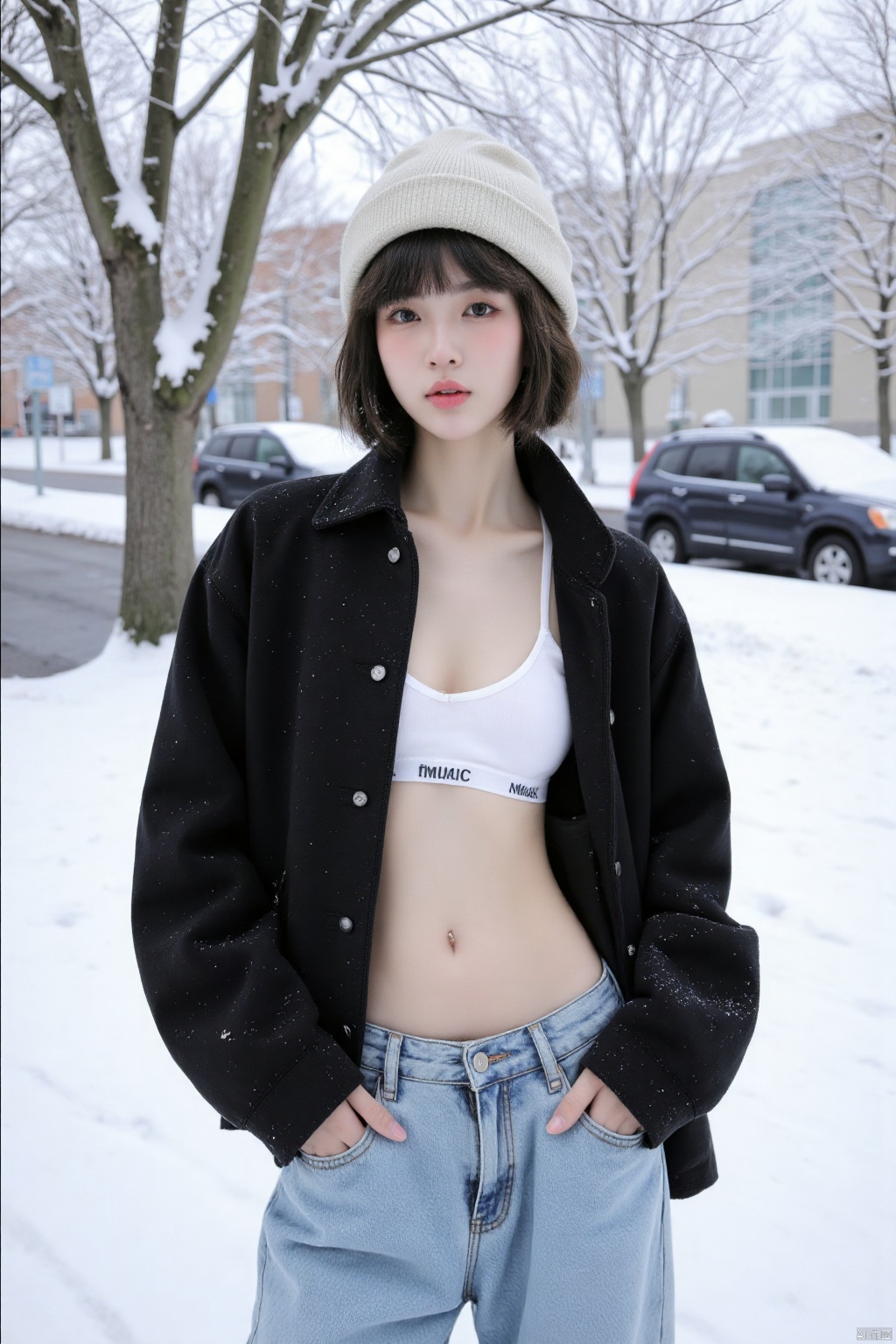 1 girl, alone, looking at the audience, cotton hat, underwear, jacket, denim lens, outdoors, open clothes, pants, bra, tree, lips, black jacket, ground vehicle, motor vehicle, snow, white bra, realistic, hand pocket, car, winter, bare tree