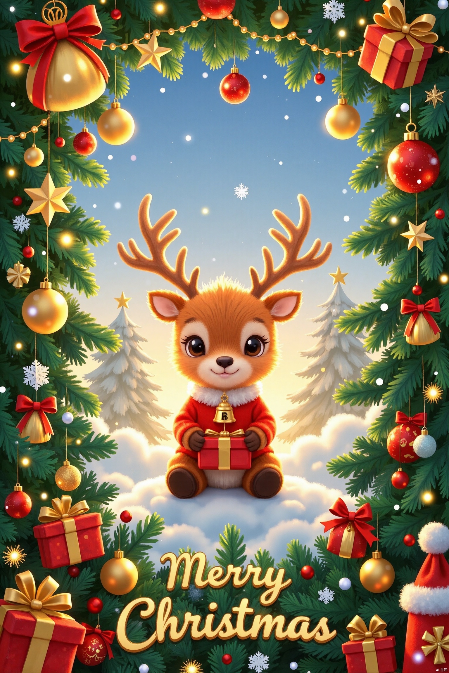 Christmas Frame Scene, CG effect felt background. A gorgeously decorated Christmas tree is hung with all kinds of shiny gifts. In the middle shot, a cute elk baby with big eyes has a bell hanging from his neck. He is wearing red clothes and sitting on the clouds holding gifts. Small snowflakes are falling. The golden words "Merry Christmas" in the lower center of the super high-resolution image