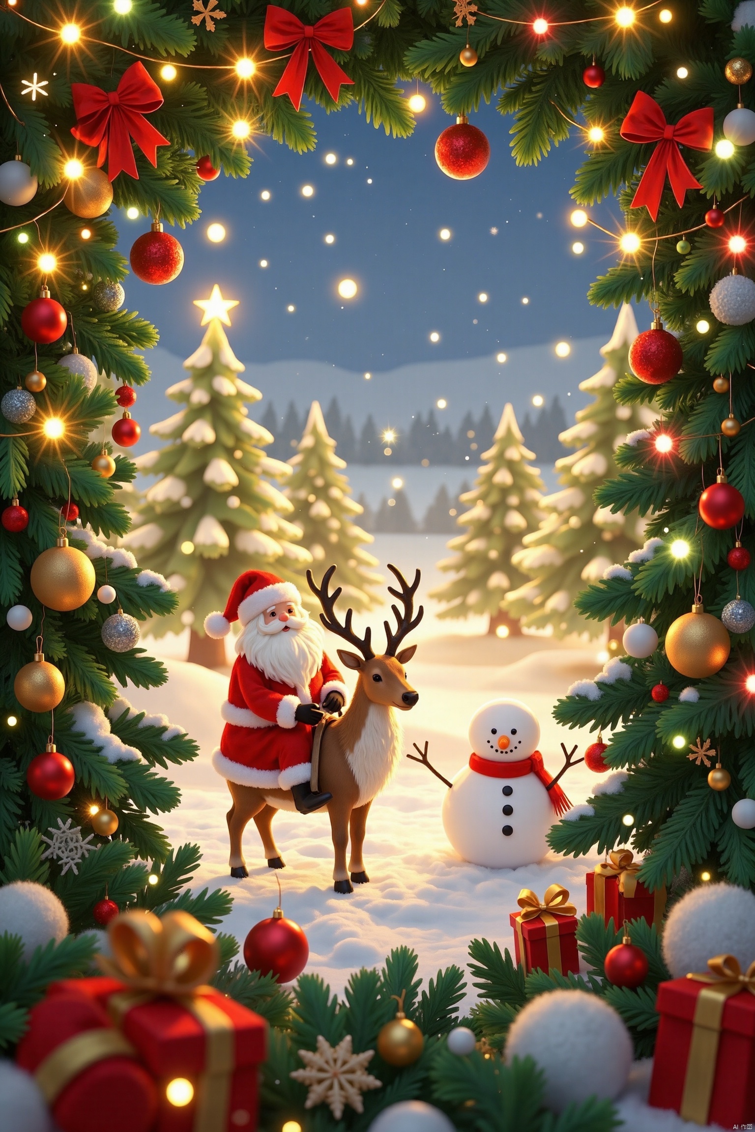 Miniature landscape, wool felt art, Christmas, cute Santa Claus, elk, gift, snowman, winter, Christmas tree, red and green lively atmosphere, warm lights, starlight, isometric view, cute style, stop motion animation, tilt move, Warm lighting, Unreal Engine rendering, cinematic imagery, ultra-fine details, ultra-high quality, 8k, Christmas Frame Scene