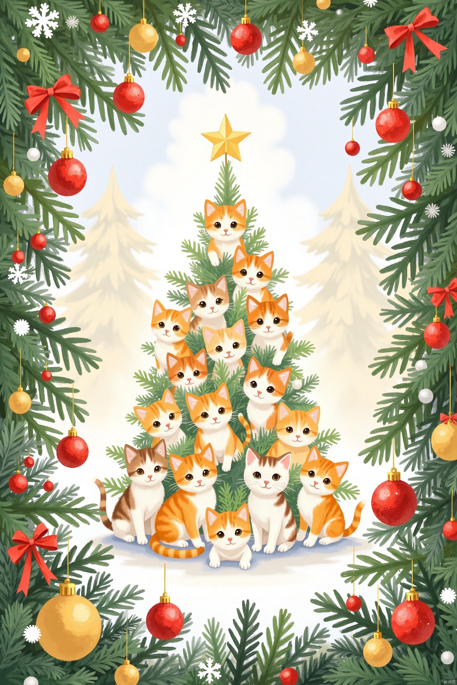  Christmas Frame Scene,Doodle hand-drawn illustration, Christmas tree, many cute kittens piled in the shape of a Christmas tree, illustration