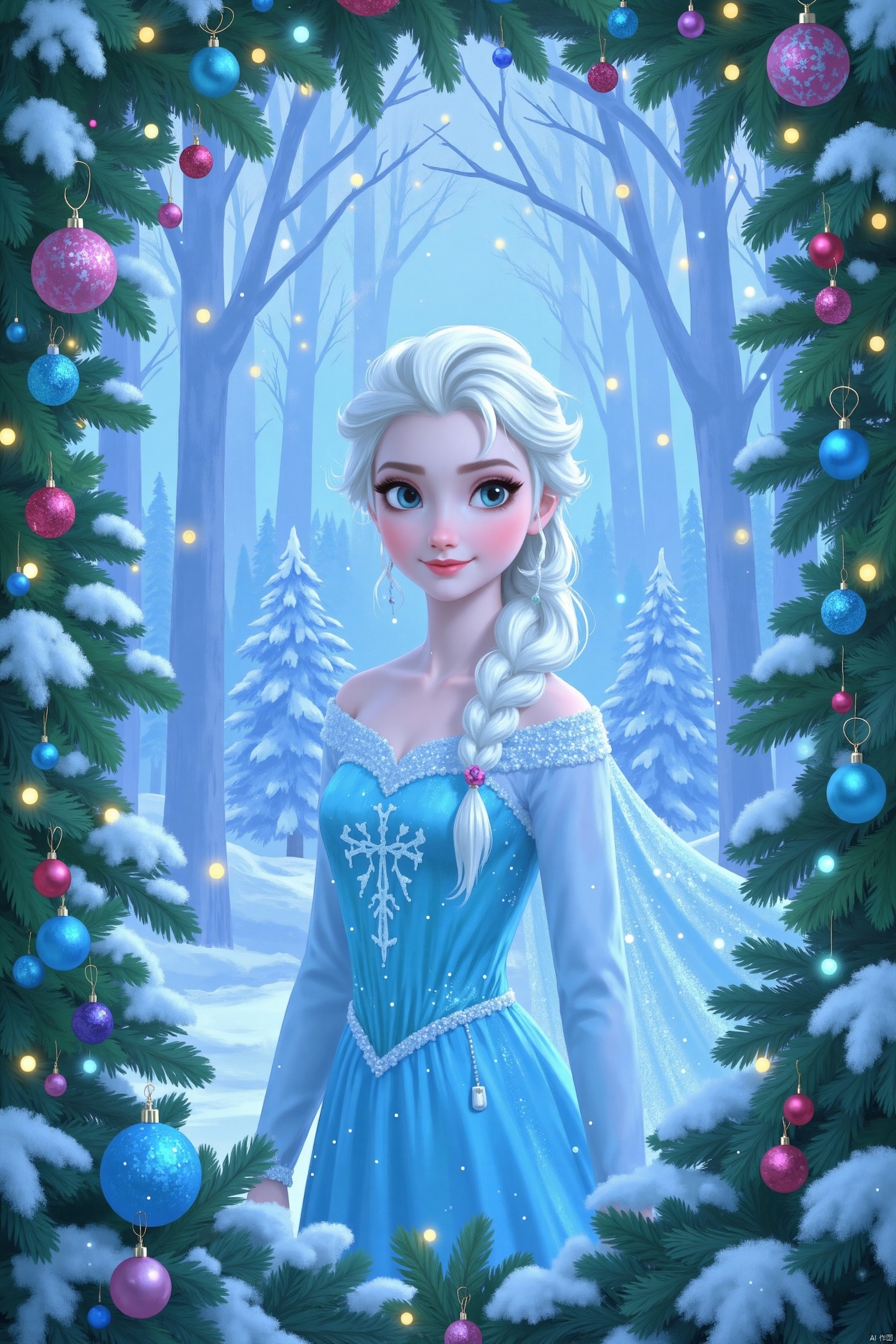 Queen Elsa, ice blue hair, elegantly coiled, cool, goddess, aloof, aloof, broad, nordic, Christmas frame scene