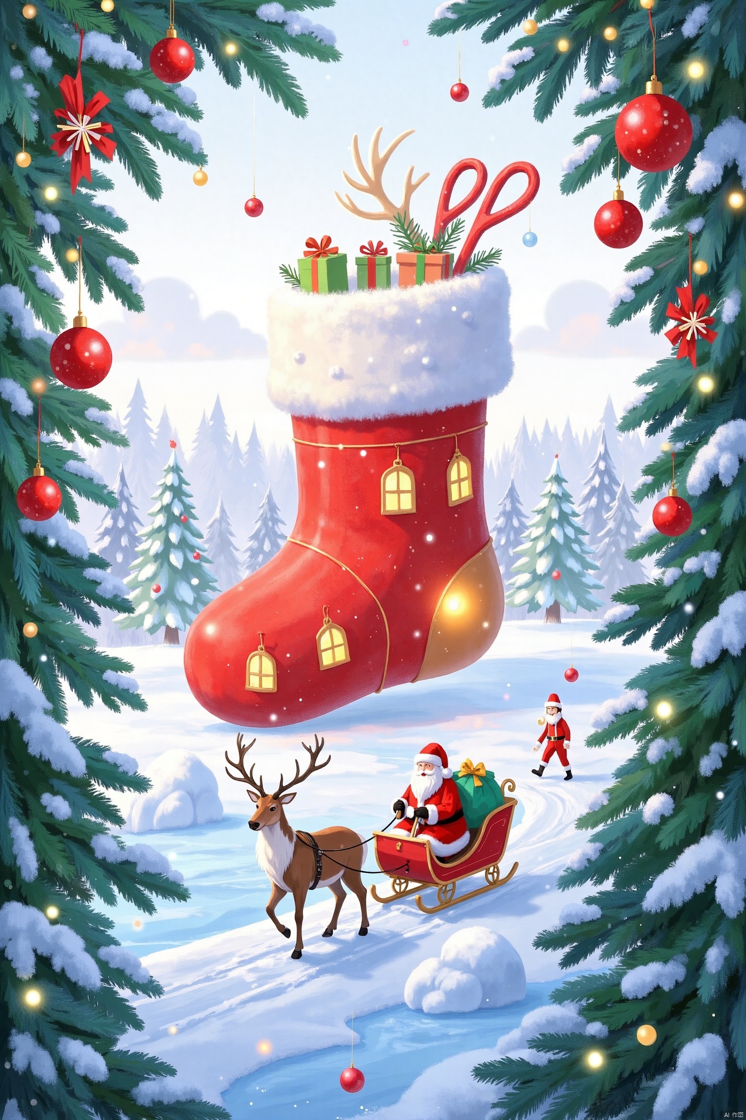 Christmas Frame Scene, a huge Christmas stocking-shaped house, with illuminated doors and windows on the stockings. There is ice and snow around it to form a curved road. An elk is pulling a sleigh, and Santa Claus is sitting on the sleigh carrying a gift bag, walking in the distance. The way home, clean white background, reasonable proportion structure