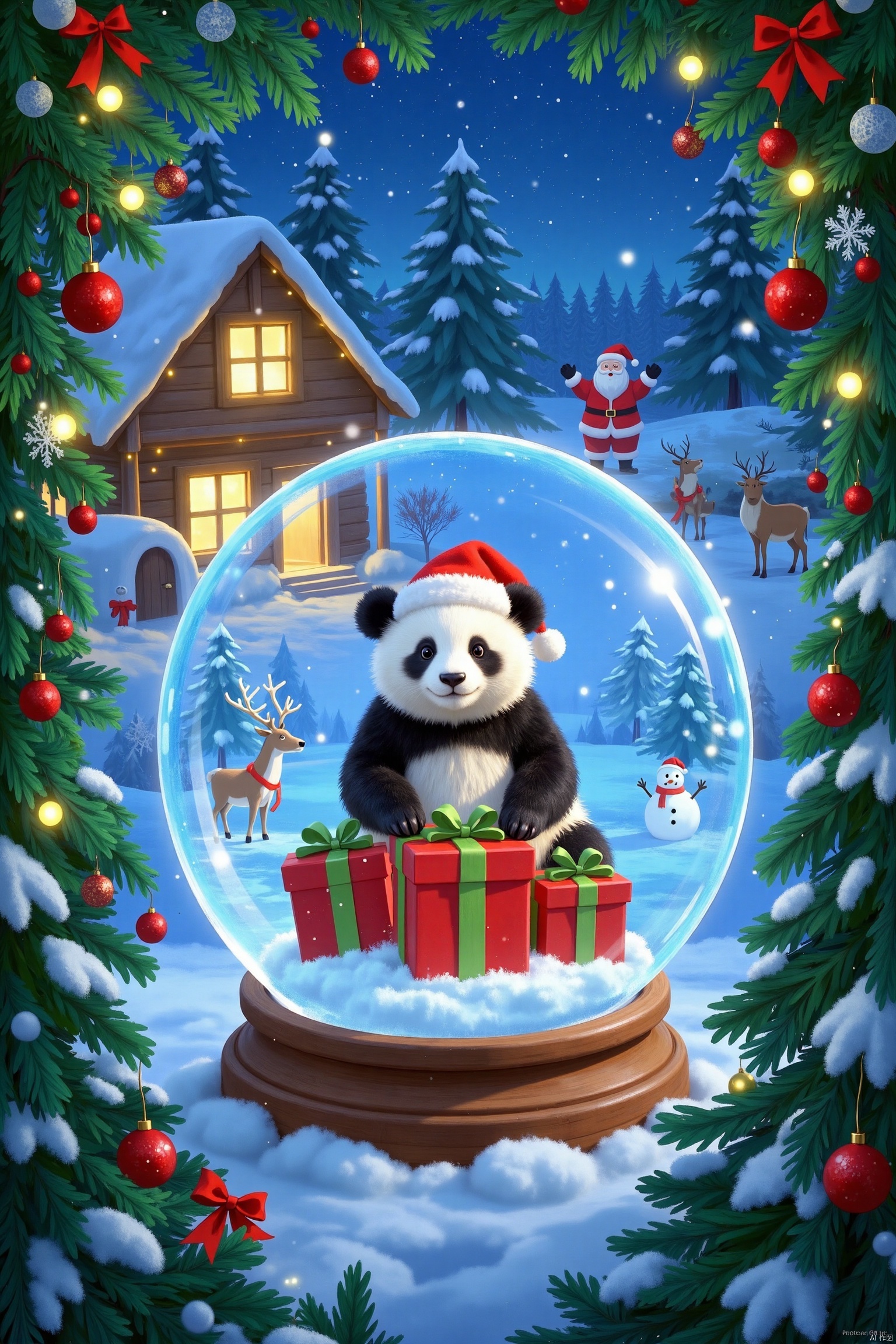 Christmas Frame Scene, Christmas poster, Pixar animation style
Main content: A huge crystal ball with an adventurous Christmas red hat. Inside is a panda dressed as Santa Claus, surrounded by red and green gift boxes.
Background content: Cartoon cabin of Nordic architecture at night, warm yellow light inside the window, Santa Claus, reindeer, snowman, small igloo
Picture style: Surreal, macro scene, tilt-shift photography, super wide angle, thick line outline, knitting