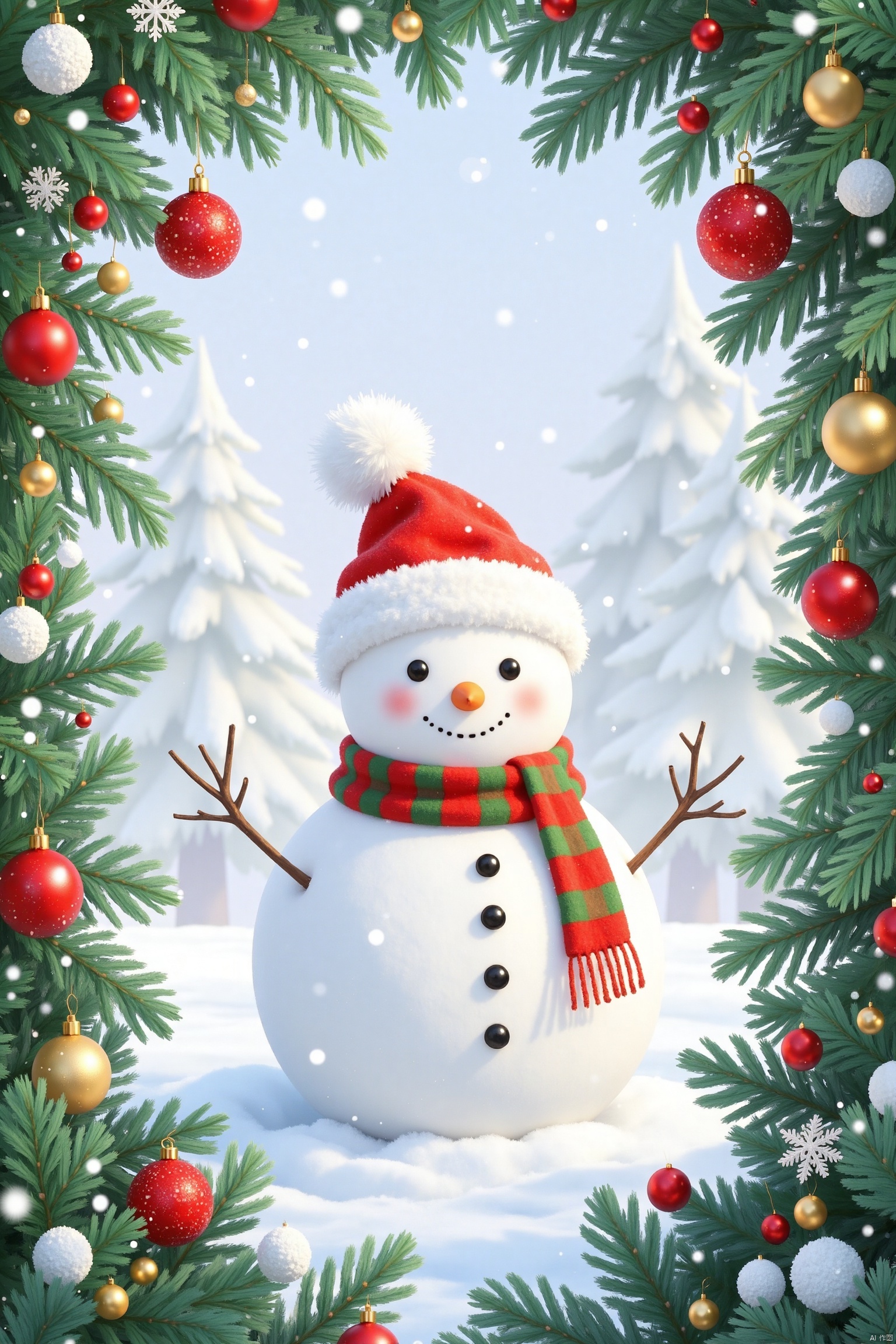 A snowman wearing a Christmas hat and a red green scarf, and with a christmas tree,the most detailed, with light fur that is cuteshort hair, white background, concept playlist style, 3D illusion, digital manipulation, creative commons attribute, poet core,Christmas Frame Scene