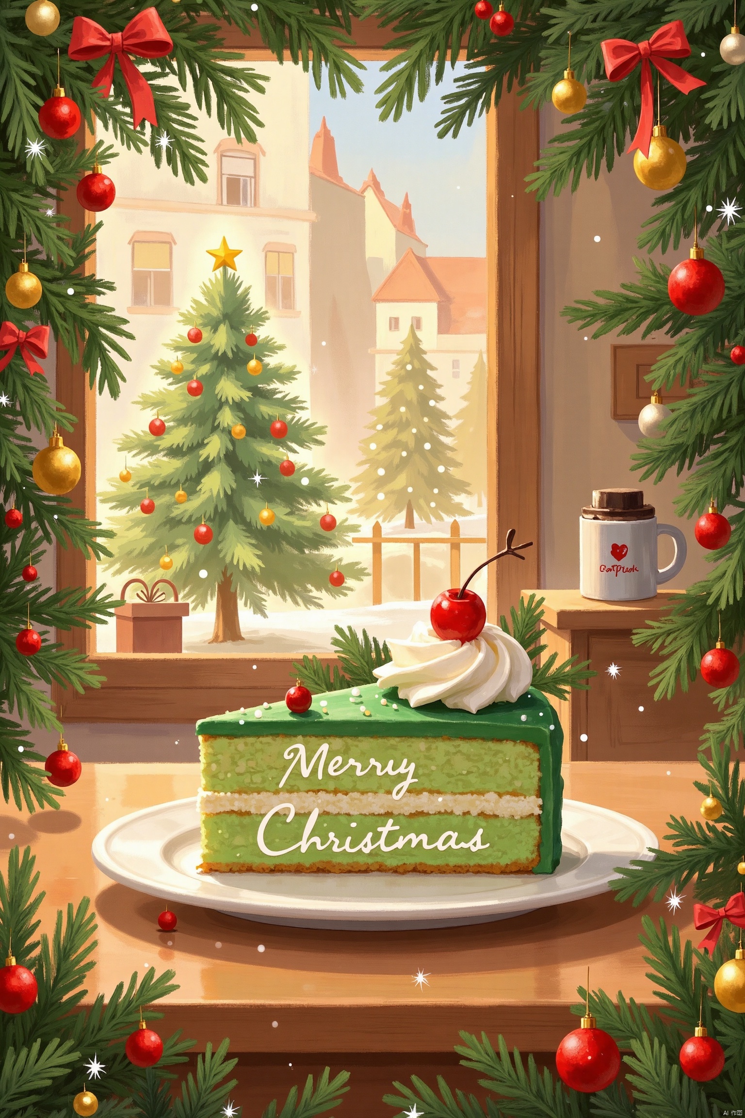 Close-up, anime style, a plate of luxurious and delicate cake on the table, a green cake in the shape of a Christmas tree, Merry Christmas written on the top of the cake in English, Christmas elements, warm coffee shop during the day, artistic sense,oil painting,Christmas Frame Scene