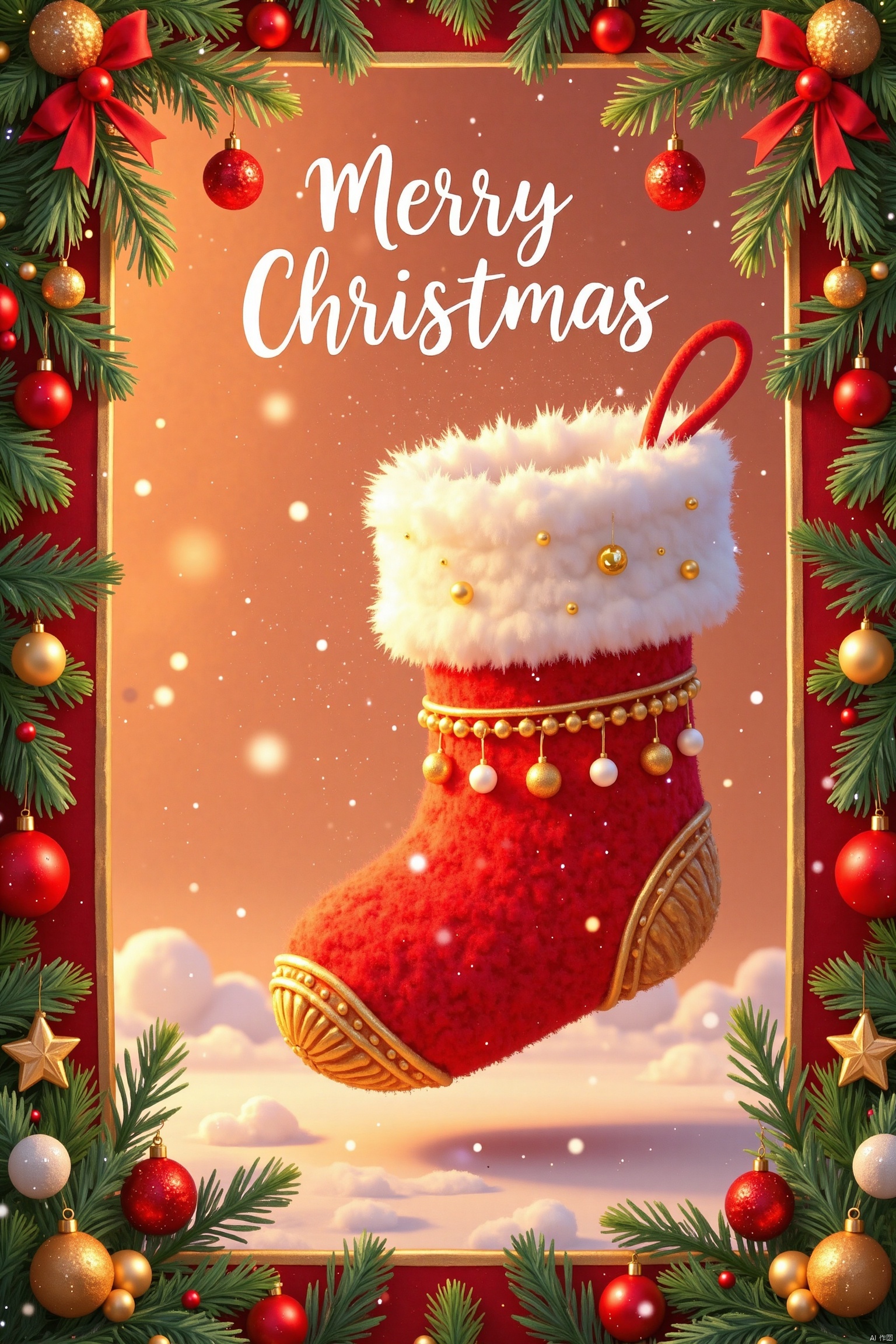 Christmas Frame Scene, poster design, 3D Pixar style picture, a fluffy Christmas stocking occupies the center of the picture. The Christmas stocking has rich details, the wool texture is clearly visible, the colors are bright and full of festive atmosphere. The picture is taken in close-up to highlight the soft texture and cute decoration of the Christmas stockings. The picture adopts warm colors, mainly red, green, and gold, creating a warm Christmas feeling. The title "Merry Christmas" is written in hand-drawn English fonts at the top of the screen. The font color is white with golden decorative lines.