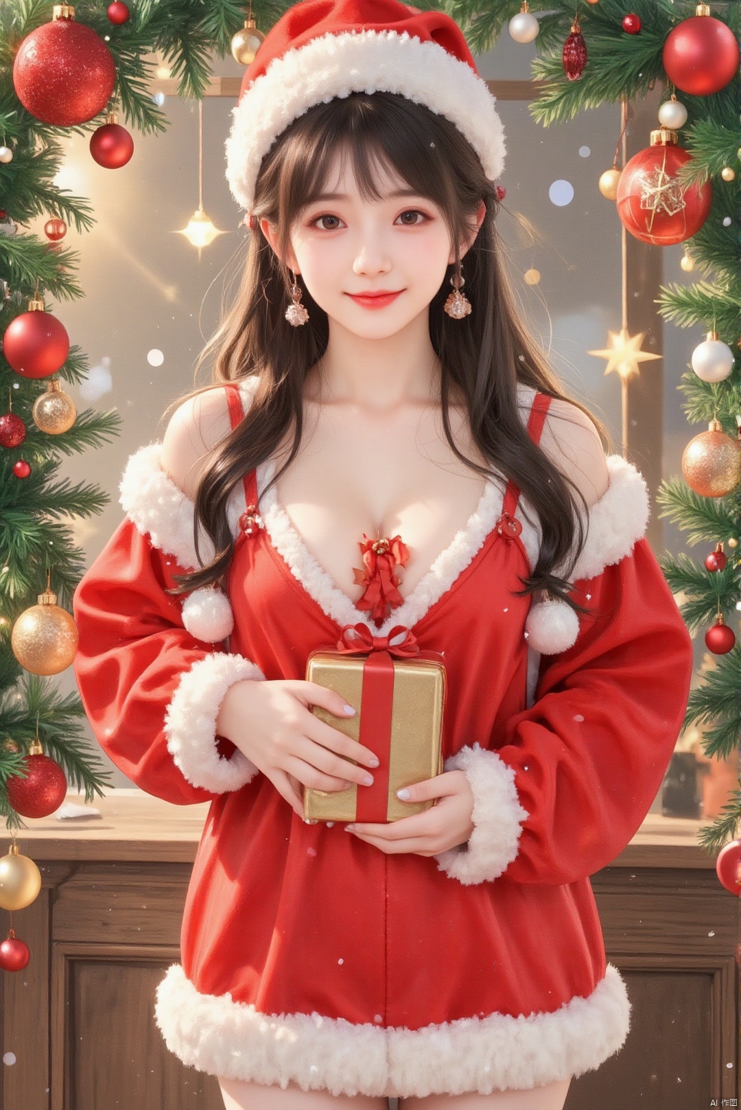 A delicate Asian woman with silky, straight black hair that frames her oval face stands in a charming Santa-inspired outfit. Her hands are placed demurely at her sides, while a gift-wrapped box is artfully balanced between her breasts. The costume's red fabric contrasts with the white fur trim, drawing attention to the gift. The camera captures her from a slight upward angle, focusing on the gift nestled in her cleavage and her warm, inviting smile.,Christmas Frame Scene,Christmas Frame Scene