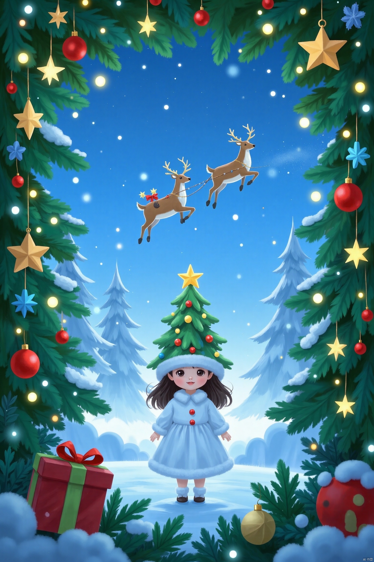 Christmas Frame Scene, Q-version wool felt, 3D, Christmas tree-shaped makeup, playful and cute little girl, cute white dress, standing, with a Christmas tree-shaped hat on her head, covering only two eyes, hollowed out like a ghost, Christmas atmosphere, surrounding There is a surprise box, there are many stars in the sky, the reindeer pulls the sledge and flies across the sky, shallow depth of field, hazy light, mysterious dream, low saturation, cinematic feel, cool blue color