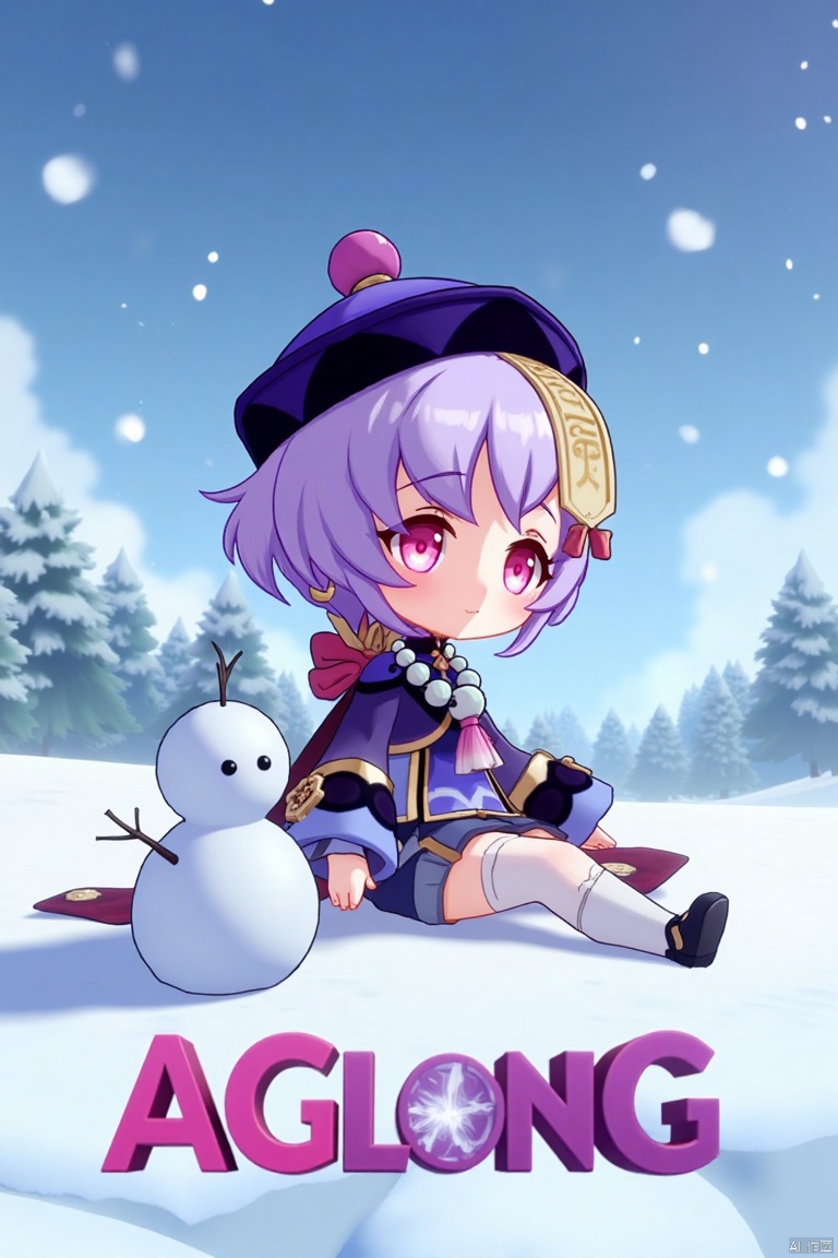 A chibi-style movie poster featuring Qiqi from Genshin Impact, 1 girl solo, full body, sitting on a snowy ground with a snowman beside her. She has long purple hair with bangs, a coin hair ornament, and a qing guanmao hat. Qiqi is wearing a purple jacket with wide sleeves, a cropped jacket, thighhighs, shorts, and a bead necklace. She has bandages on her leg, purple eyes, and is looking at the viewer with parted lips and blush. The scene is illuminated by falling snowflakes, with a three-dimensional text AGlong in the middle below, surrounded by a poster theme. The composition highlights her jewelry, ofuda, beads, and white thighhighs, set against a snowy backdrop.