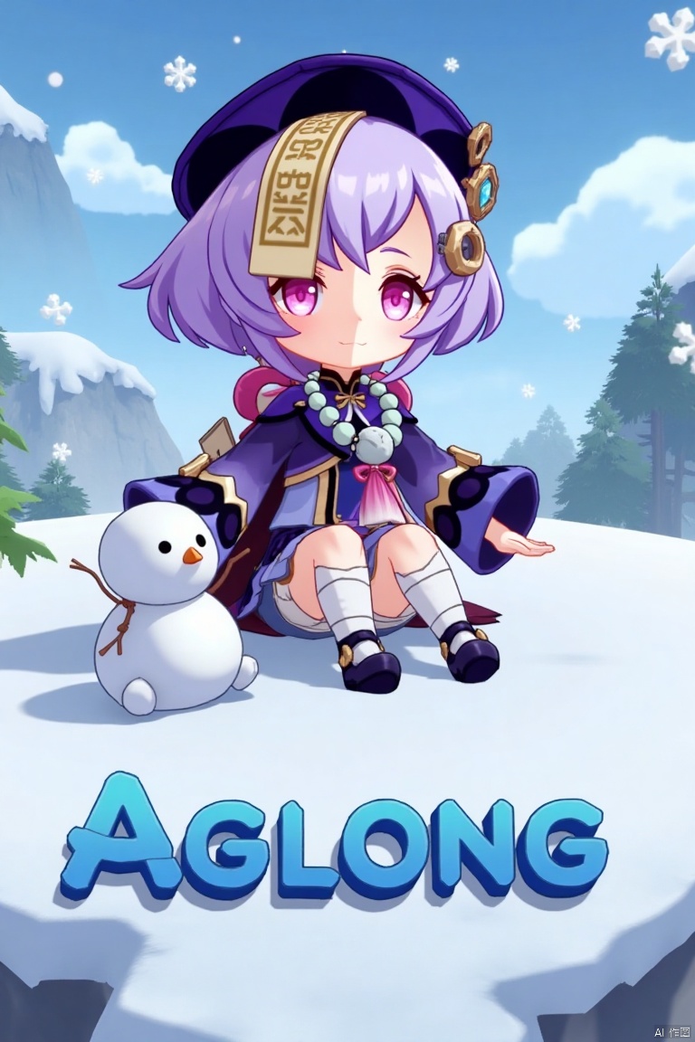 A chibi-style movie poster featuring Qiqi from Genshin Impact, 1 girl solo, full body, sitting on a snowy ground with a snowman beside her. She has long purple hair with bangs, a coin hair ornament, and a qing guanmao hat. Qiqi is wearing a purple jacket with wide sleeves, a cropped jacket, thighhighs, shorts, and a bead necklace. She has bandages on her leg, purple eyes, and is looking at the viewer with parted lips and blush. The scene is illuminated by falling snowflakes, with a three-dimensional text AGlong in the middle below, surrounded by a poster theme. The composition highlights her jewelry, ofuda, beads, and white thighhighs, set against a snowy backdrop.