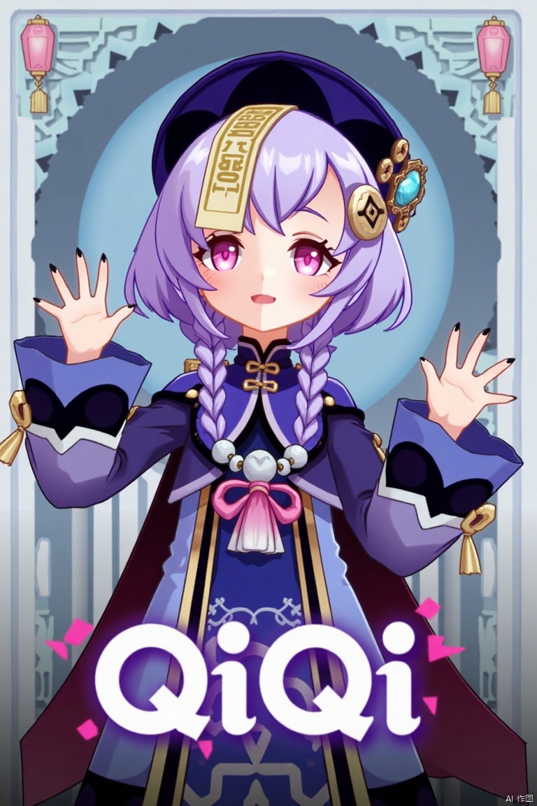A movie poster featuring Qiqi from Genshin Impact, 1 girl solo, standing with a claw pose. She has long purple hair with bangs, sidelocks, and a braid, hair between her eyes, and a qing guanmao hat with a coin hair ornament. Qiqi is wearing Chinese-style clothes, a dress with wide sleeves, long sleeves, and jewelry including earrings, a bead necklace, and a necklace. She has purple eyes, blush, an open mouth with an :o expression, and black nail polish. The background includes ofuda, beads, and her vision symbol. The poster features three-dimensional text AGlong in the middle below, with a poster theme. The composition highlights her claw pose, jiangshi elements, and intricate details of her attire and accessories.