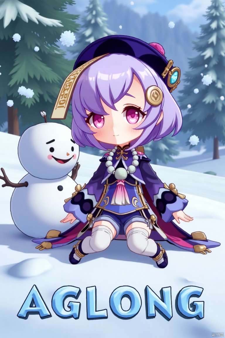 A chibi-style movie poster featuring Qiqi from Genshin Impact, 1 girl solo, full body, sitting on a snowy ground with a snowman beside her. She has long purple hair with bangs, a coin hair ornament, and a qing guanmao hat. Qiqi is wearing a purple jacket with wide sleeves, a cropped jacket, thighhighs, shorts, and a bead necklace. She has bandages on her leg, purple eyes, and is looking at the viewer with parted lips and blush. The scene is illuminated by falling snowflakes, with a three-dimensional text AGlong in the middle below, surrounded by a poster theme. The composition highlights her jewelry, ofuda, beads, and white thighhighs, set against a snowy backdrop.