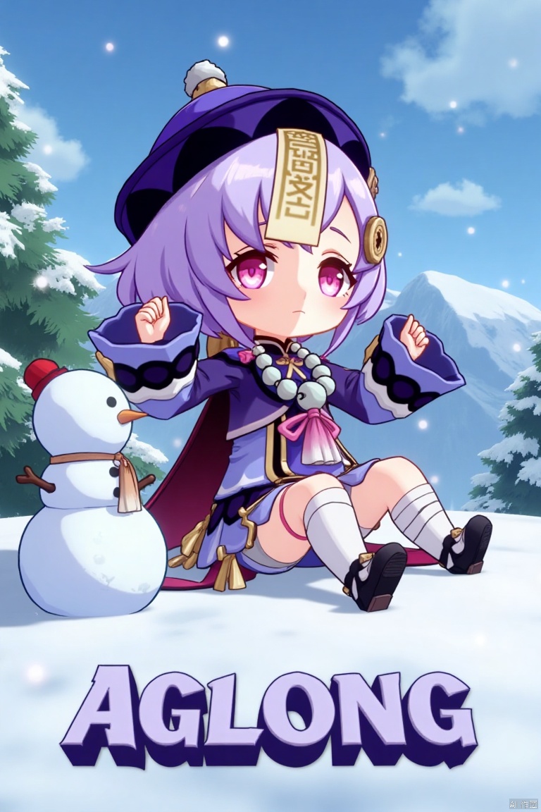 A chibi-style movie poster featuring Qiqi from Genshin Impact, 1 girl solo, full body, sitting on a snowy ground with a snowman beside her. She has long purple hair with bangs, a coin hair ornament, and a qing guanmao hat. Qiqi is wearing a purple jacket with wide sleeves, a cropped jacket, thighhighs, shorts, and a bead necklace. She has bandages on her leg, purple eyes, and is looking at the viewer with parted lips and blush. The scene is illuminated by falling snowflakes, with a three-dimensional text AGlong in the middle below, surrounded by a poster theme. The composition highlights her jewelry, ofuda, beads, and white thighhighs, set against a snowy backdrop.