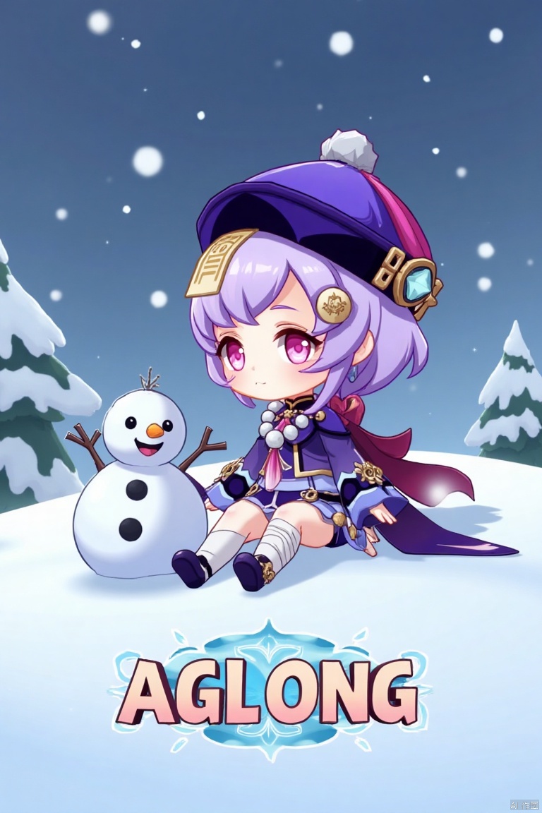 A chibi-style movie poster featuring Qiqi from Genshin Impact, 1 girl solo, full body, sitting on a snowy ground with a snowman beside her. She has long purple hair with bangs, a coin hair ornament, and a qing guanmao hat. Qiqi is wearing a purple jacket with wide sleeves, a cropped jacket, thighhighs, shorts, and a bead necklace. She has bandages on her leg, purple eyes, and is looking at the viewer with parted lips and blush. The scene is illuminated by falling snowflakes, with a three-dimensional text AGlong in the middle below, surrounded by a poster theme. The composition highlights her jewelry, ofuda, beads, and white thighhighs, set against a snowy backdrop.
