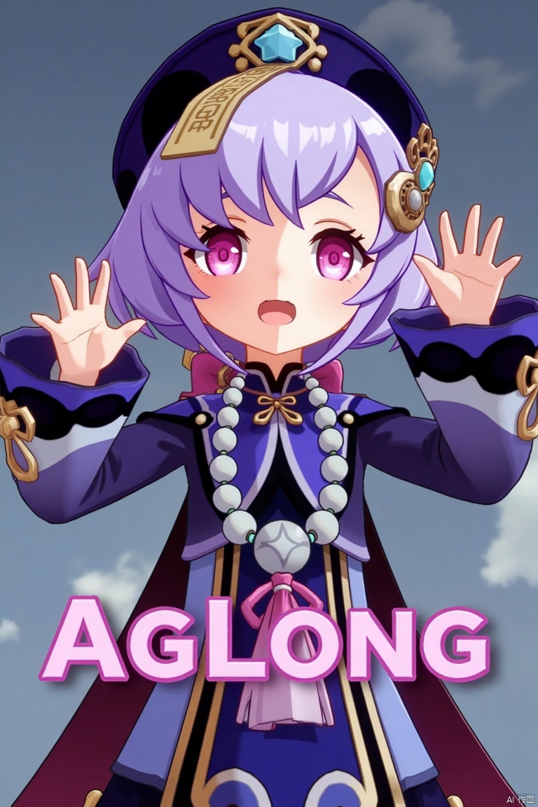 A movie poster featuring Qiqi from Genshin Impact, 1 girl solo, standing with a claw pose. She has long purple hair with bangs, sidelocks, and a braid, hair between her eyes, and a qing guanmao hat with a coin hair ornament. Qiqi is wearing Chinese-style clothes, a dress with wide sleeves, long sleeves, and jewelry including earrings, a bead necklace, and a necklace. She has purple eyes, blush, an open mouth with an :o expression, and black nail polish. The background includes ofuda, beads, and her vision symbol. The poster features three-dimensional text AGlong in the middle below, with a poster theme. The composition highlights her claw pose, jiangshi elements, and intricate details of her attire and accessories.