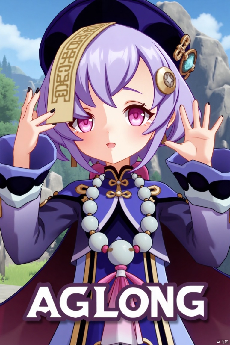 A movie poster featuring Qiqi from Genshin Impact, 1 girl solo, standing with a claw pose. She has long purple hair with bangs, sidelocks, and a braid, hair between her eyes, and a qing guanmao hat with a coin hair ornament. Qiqi is wearing Chinese-style clothes, a dress with wide sleeves, long sleeves, and jewelry including earrings, a bead necklace, and a necklace. She has purple eyes, blush, an open mouth with an :o expression, and black nail polish. The background includes ofuda, beads, and her vision symbol. The poster features three-dimensional text AGlong in the middle below, with a poster theme. The composition highlights her claw pose, jiangshi elements, and intricate details of her attire and accessories.